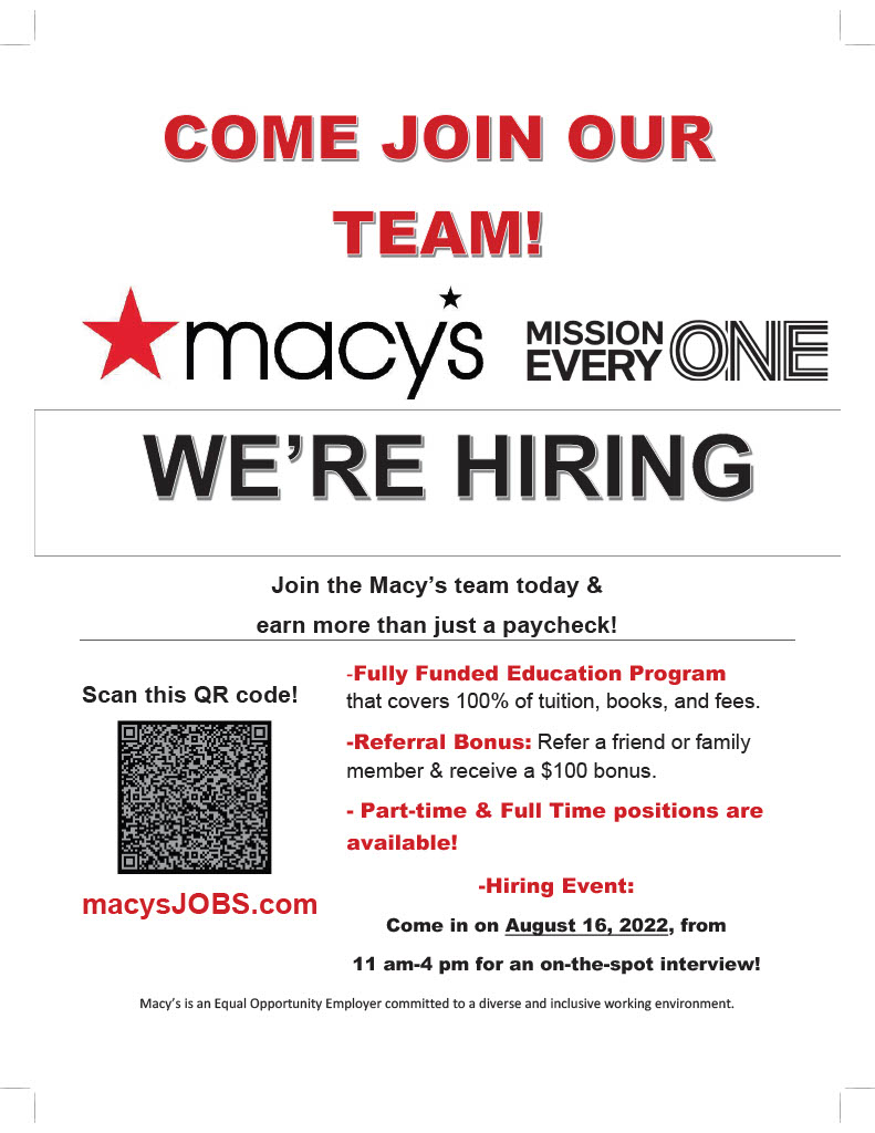 Macy's is Now Hiring! Manassas Mall